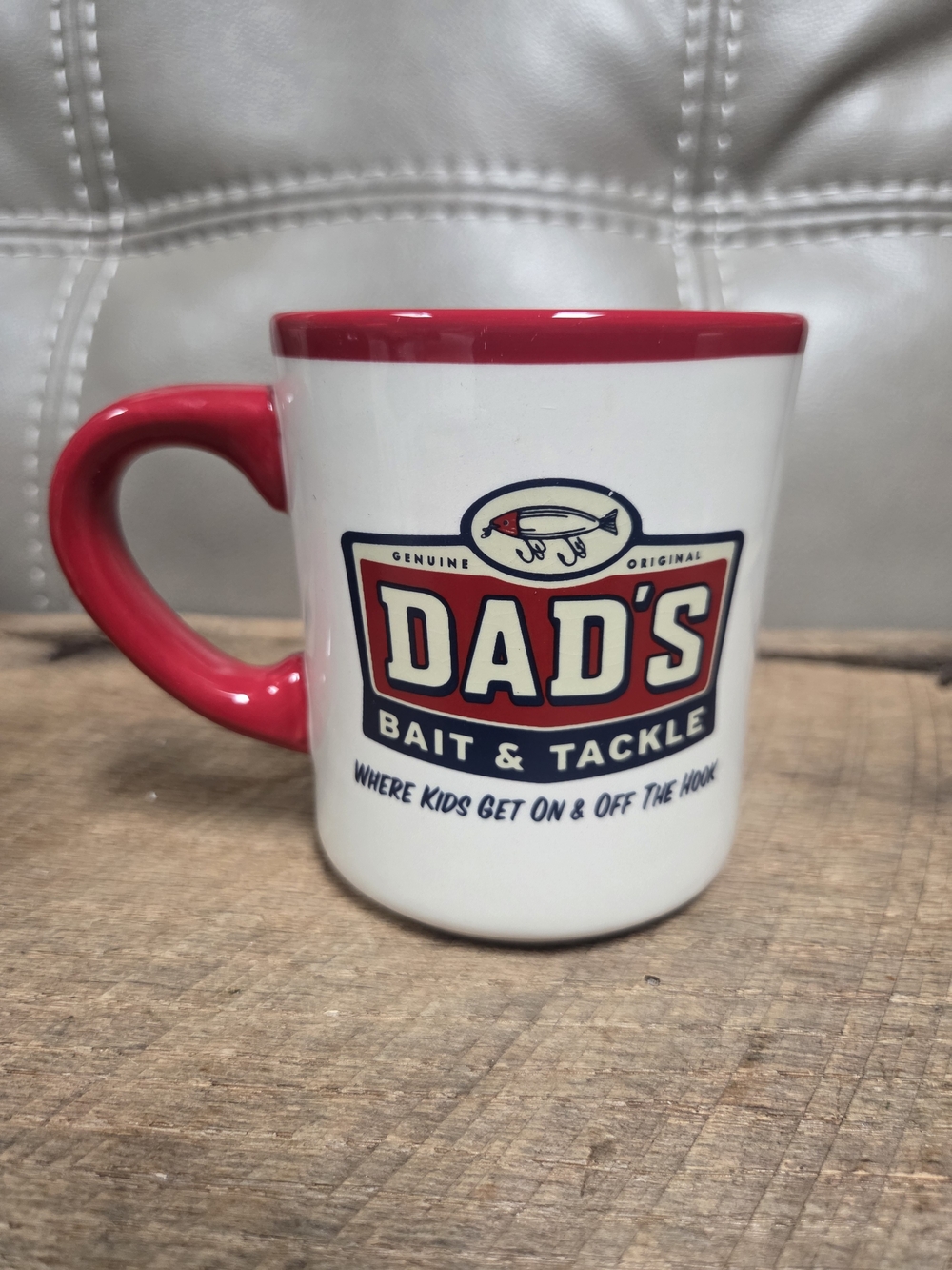Vintage Hallmark Dads Bait & Tackle Mug Retro Fishing Novelty Red Trim ~ B1U